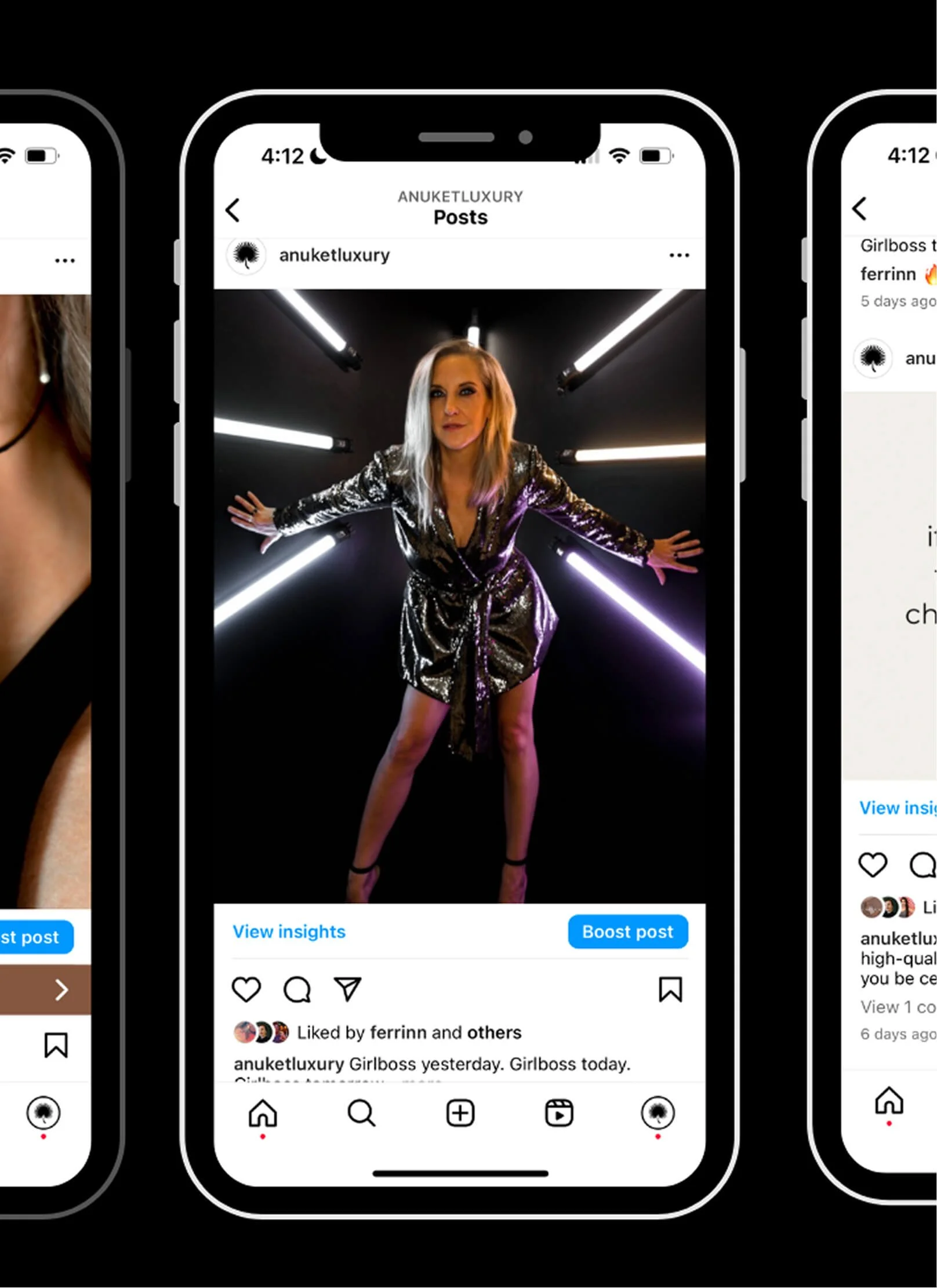 Close-up of a smartphone screen showing a social media post with a woman in a shiny dress, standing with arms outstretched in front of neon lights. The post includes options to view insights, boost, like, comment, and share.