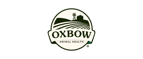 Logo of Oxbow Animal Health featuring a farm landscape with rolling fields, a windmill, and a barn.