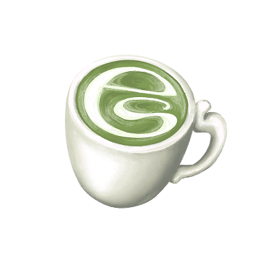 A white coffee mug with a green latte art design on top.