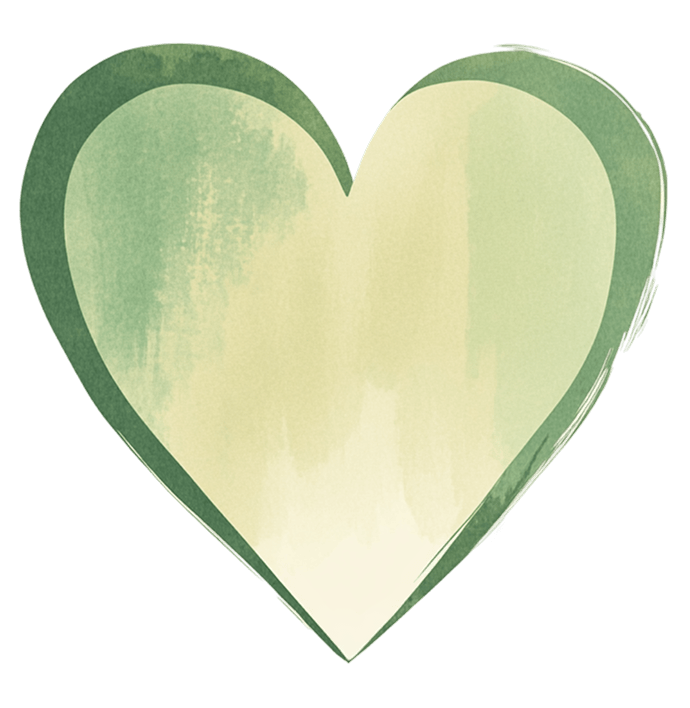 A watercolor illustration of a green heart with a simple, watercolor style.
