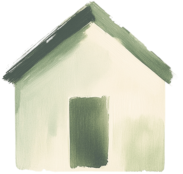 A watercolor painting of a simple house with a gable roof and an arched doorway.