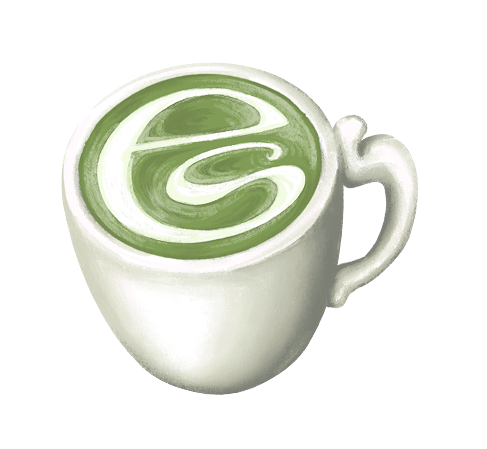 A white coffee mug filled with a green and white latte art drink.