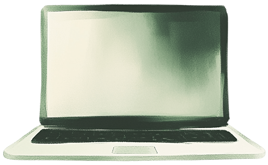 A laptop computer with a blank screen and a keyboard, viewed from front.