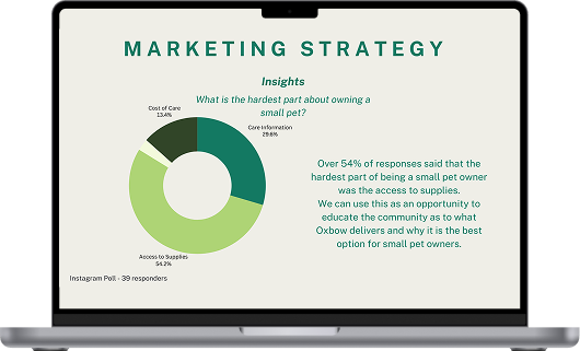 Presentation slide titled 'Marketing Strategy' with insights on small pet ownership, showing a pie chart of response difficulties and accompanying text.