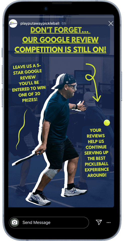 Promotional graphic with instructions to leave a 5-star Google review for a pickleball venue, featuring a man playing pickleball, with text highlighting the review contest and the importance of reviews for the service.