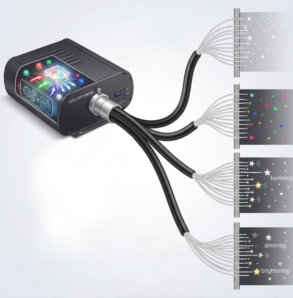 En LED-lysgiver koblet til flere fargede lysstrenger som projiserer ulike effekter som blinkende lys, dimming og lysstyrkejustering mot en vegg.