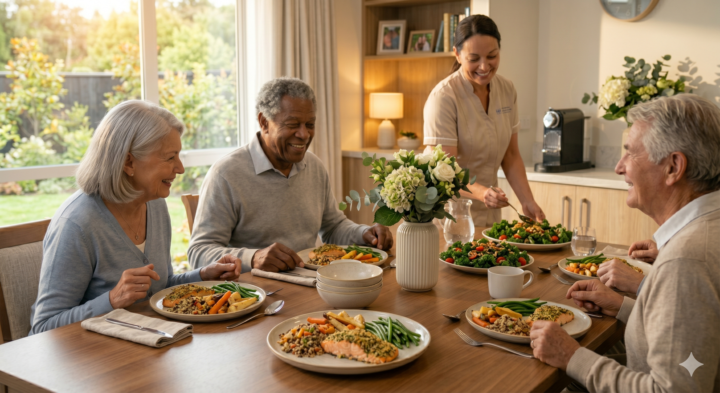 Adults' care Facility with a conducive Dinner Area and Nutritious food available for seniors in Indianapolis.