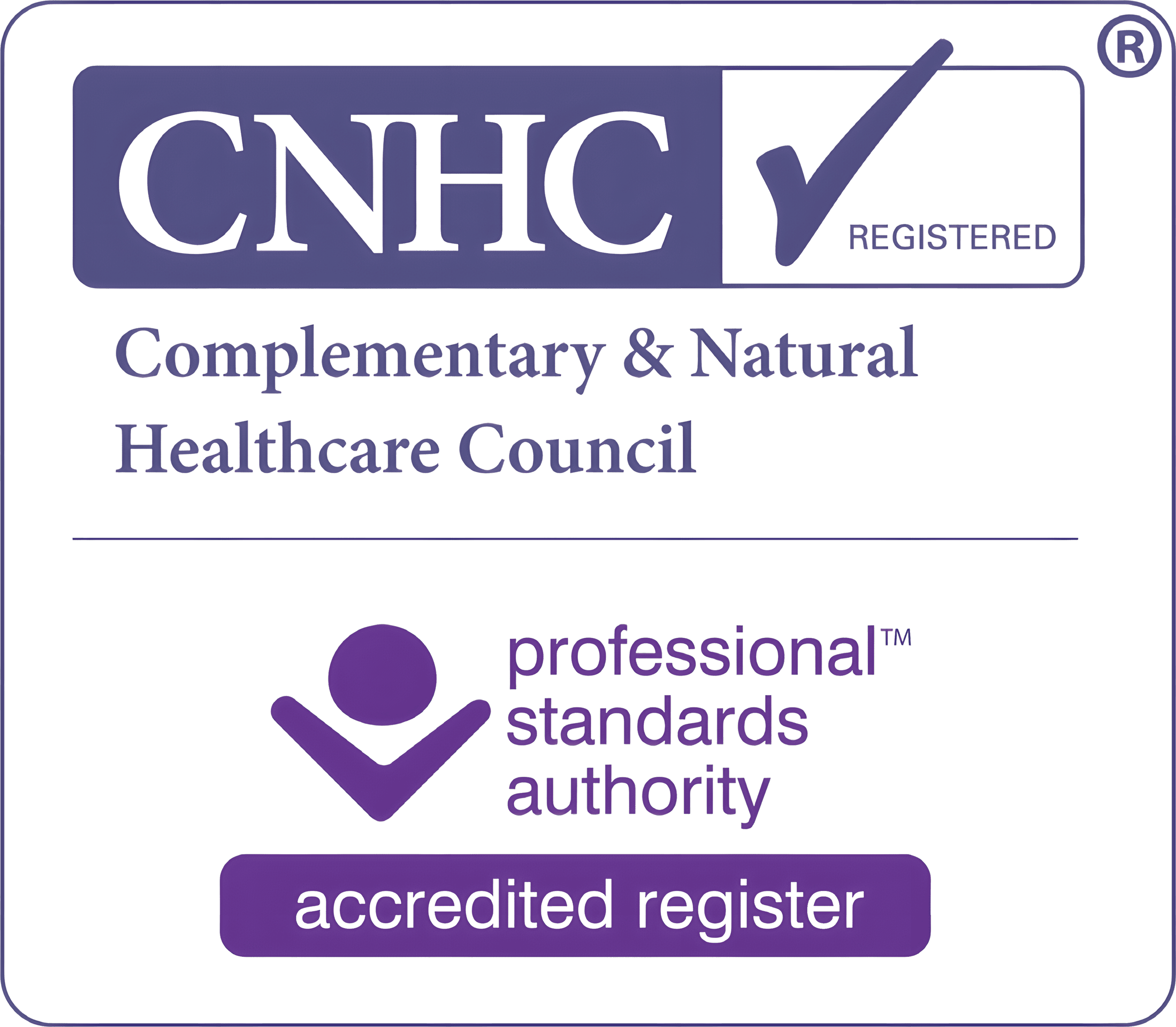 A label with the logo of CNHC, indicating registered status, and the text "Complementary & Natural Healthcare Council." It includes a purple check mark, a purple symbol, and the phrases "professional standards authority" and "accredited register."