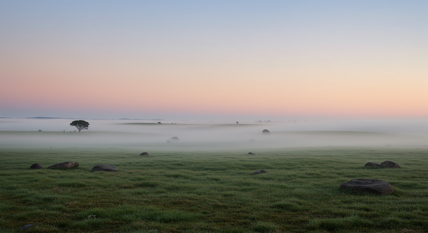A foggy landscape at dawn with a grassy field, scattered rocks, a large tree in the distance, and a pastel-colored sky.