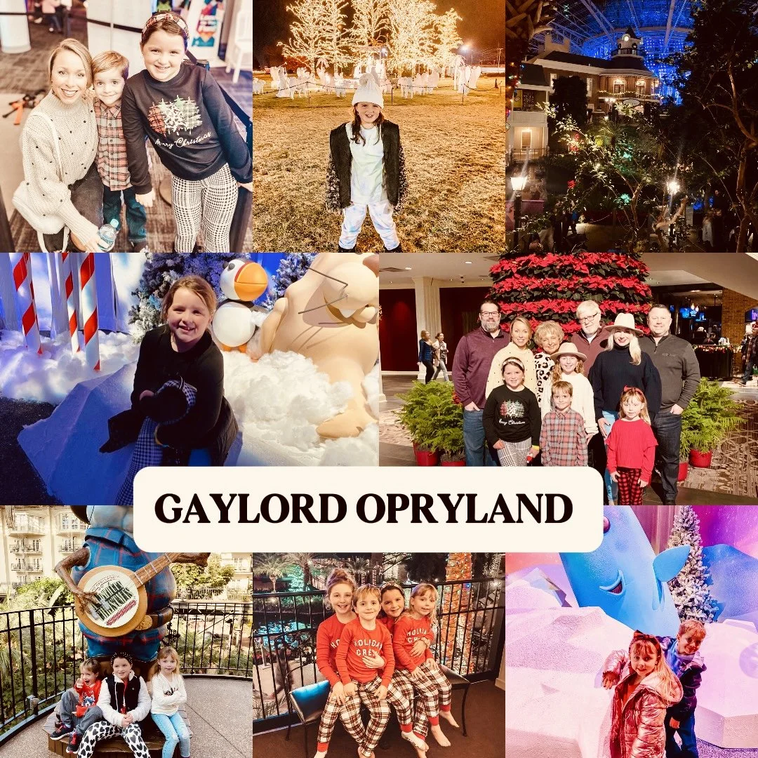 A collage of holiday and family photos at Gaylord Opryland, featuring children and adults enjoying Christmas decorations, lights, and festive activities.