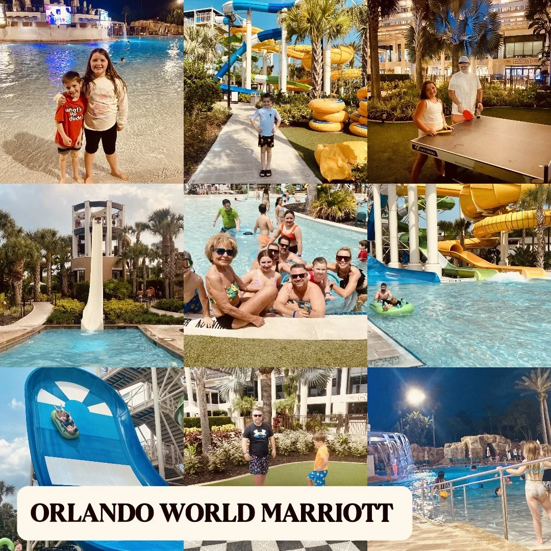 Collage of photos taken at Orlando World Marriott featuring children and families enjoying pools, water slides, and water activities in a resort setting.