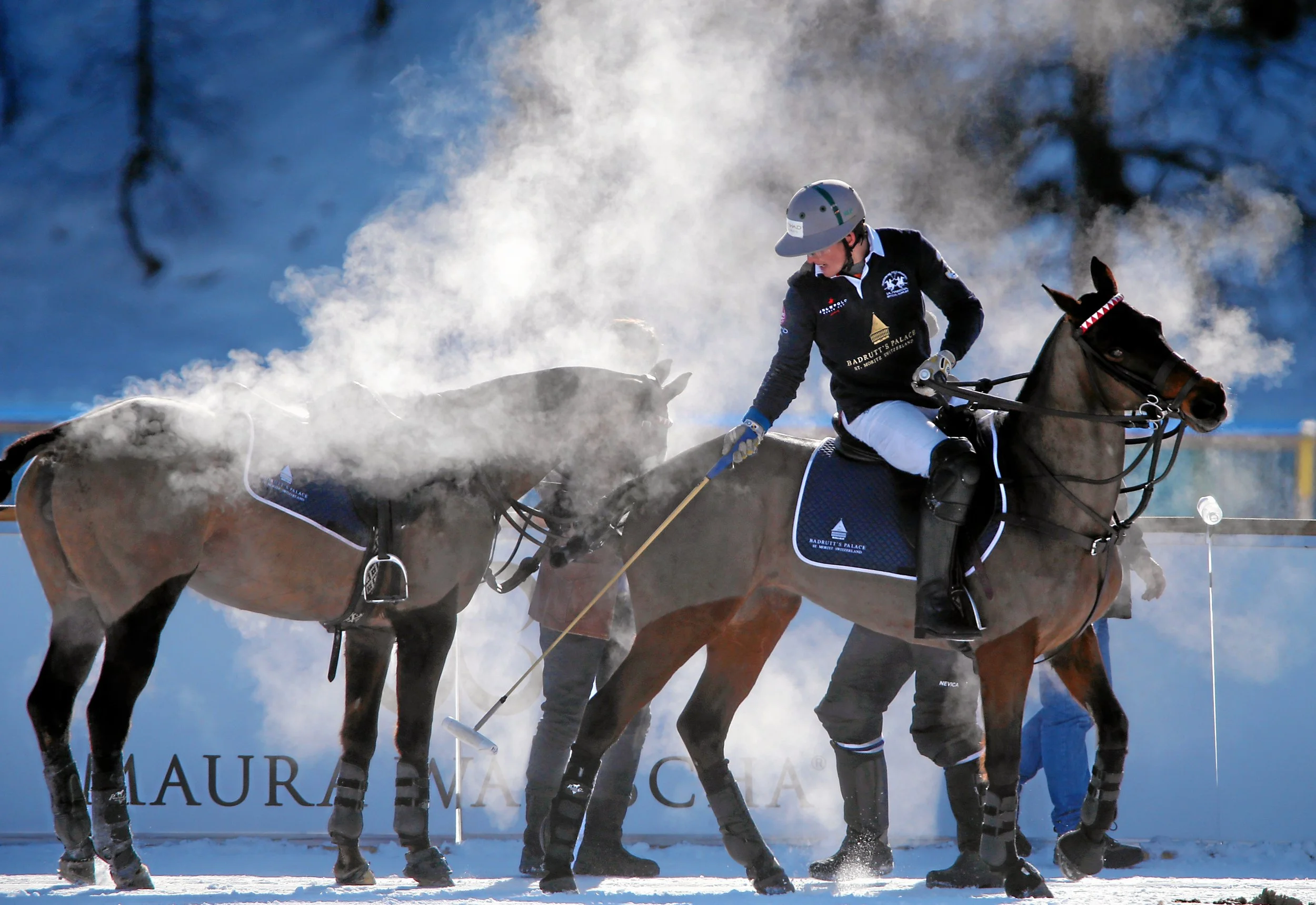Polo on Snow St. Moritz. Dampfende Ponys bei Auswechslung