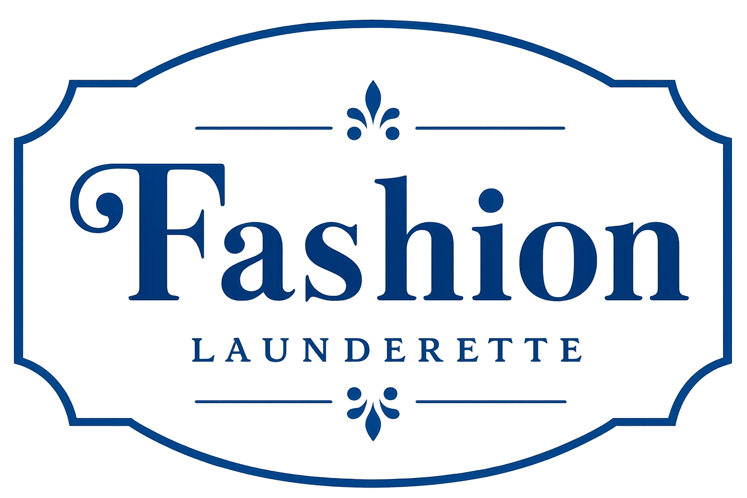 A blue sign for a fashion laundrette with decorative border and lettering.