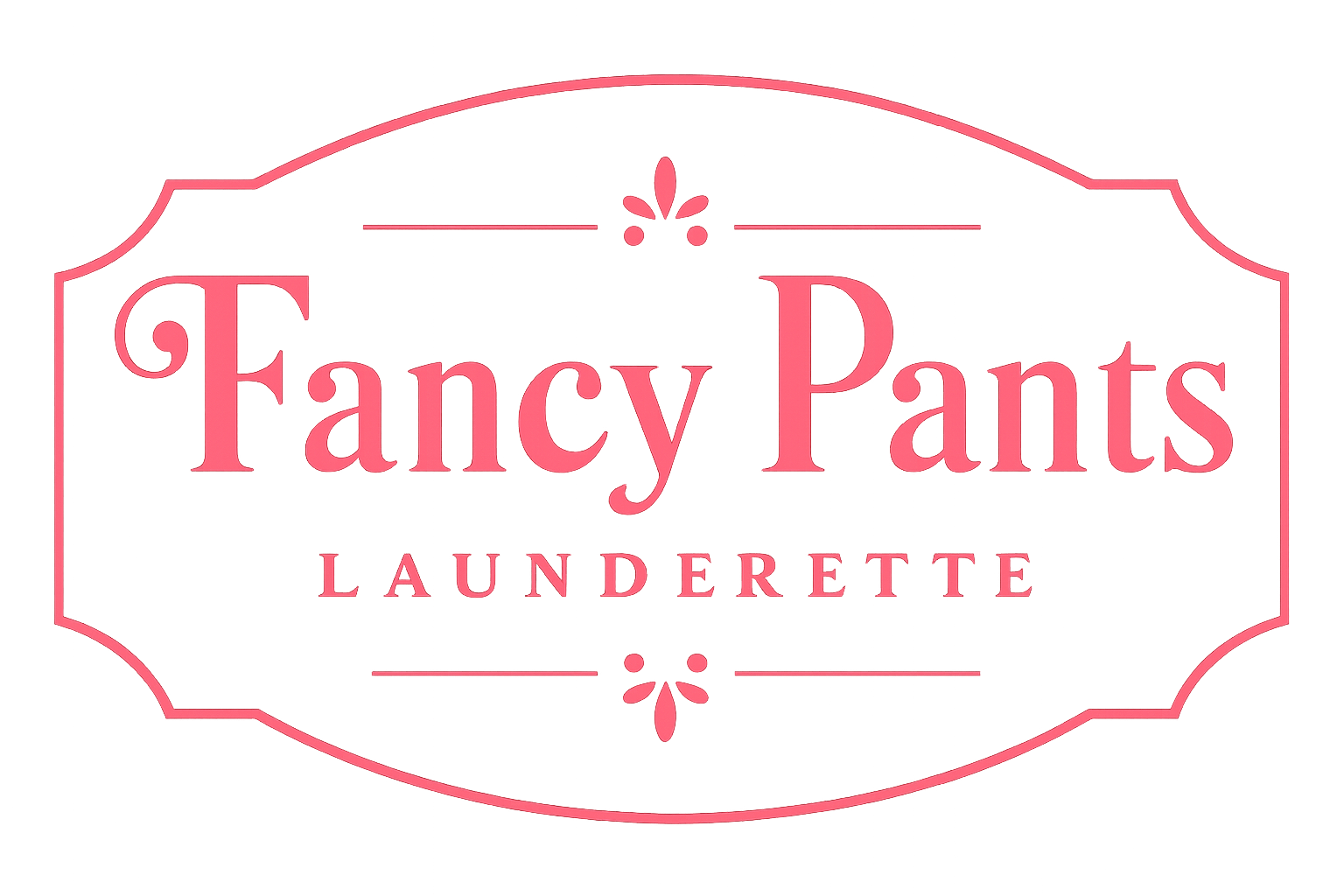 Pink and black logo for Fancy Pants Laundrette with decorative borders.