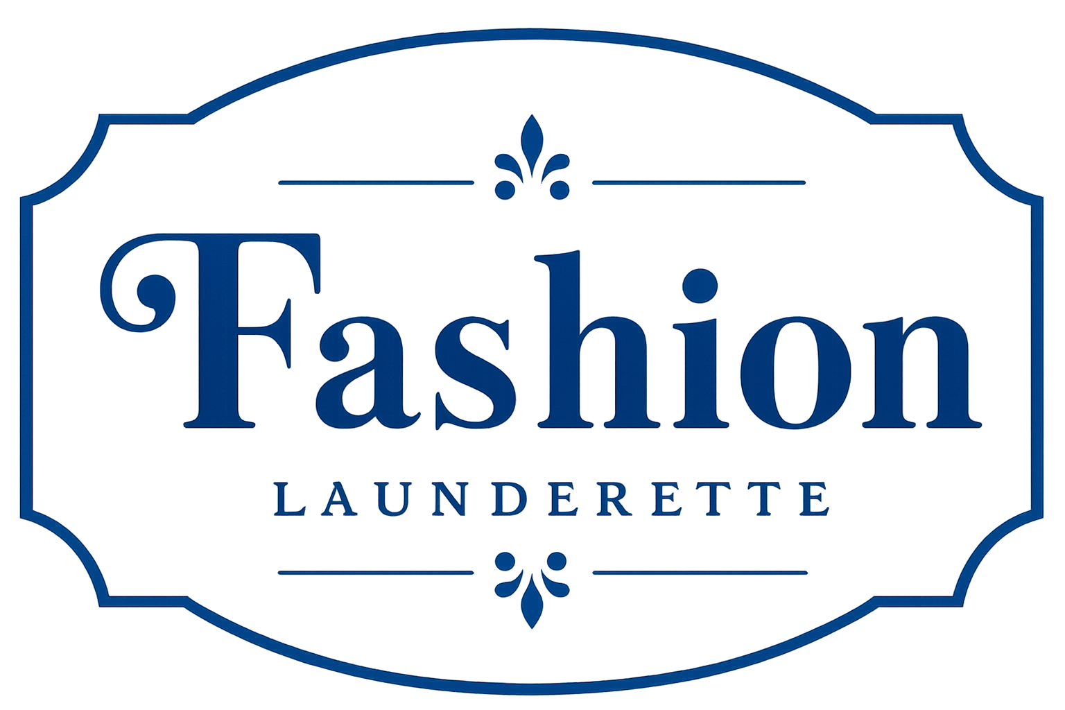 Blue sign with the text 'Fashion Laundrette' in stylized font and decorative design elements.
