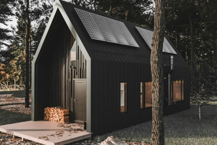 A dark brown contemporary-style ADU located in a wooded area.