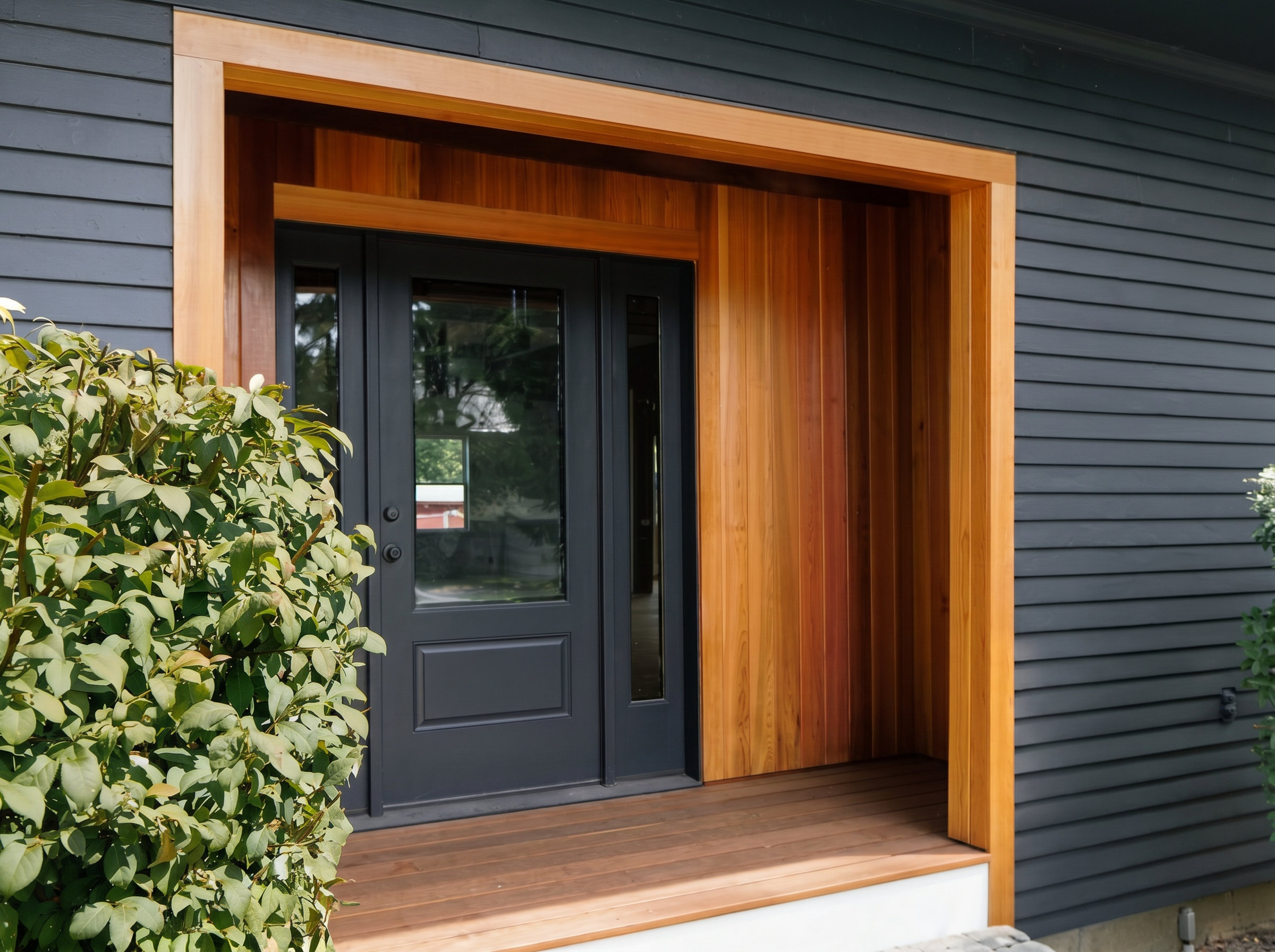 Close-up of a modern house entrance with a black door surrounded by wooden framing, gray siding, and green shrubs in the foreground.