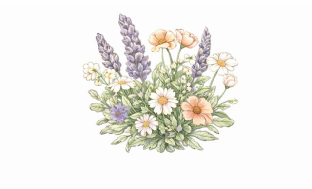A bouquet of various pastel-colored flowers, including daisies, lavender, and poppies, arranged in a soft, watercolor style.