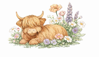 Cute illustrated highland calf lying on grass surrounded by colorful flowers