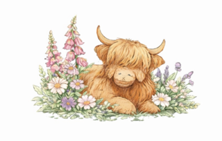 Cute illustrated Highland cow resting among colorful flowers, including pink, white, and purple blossoms.