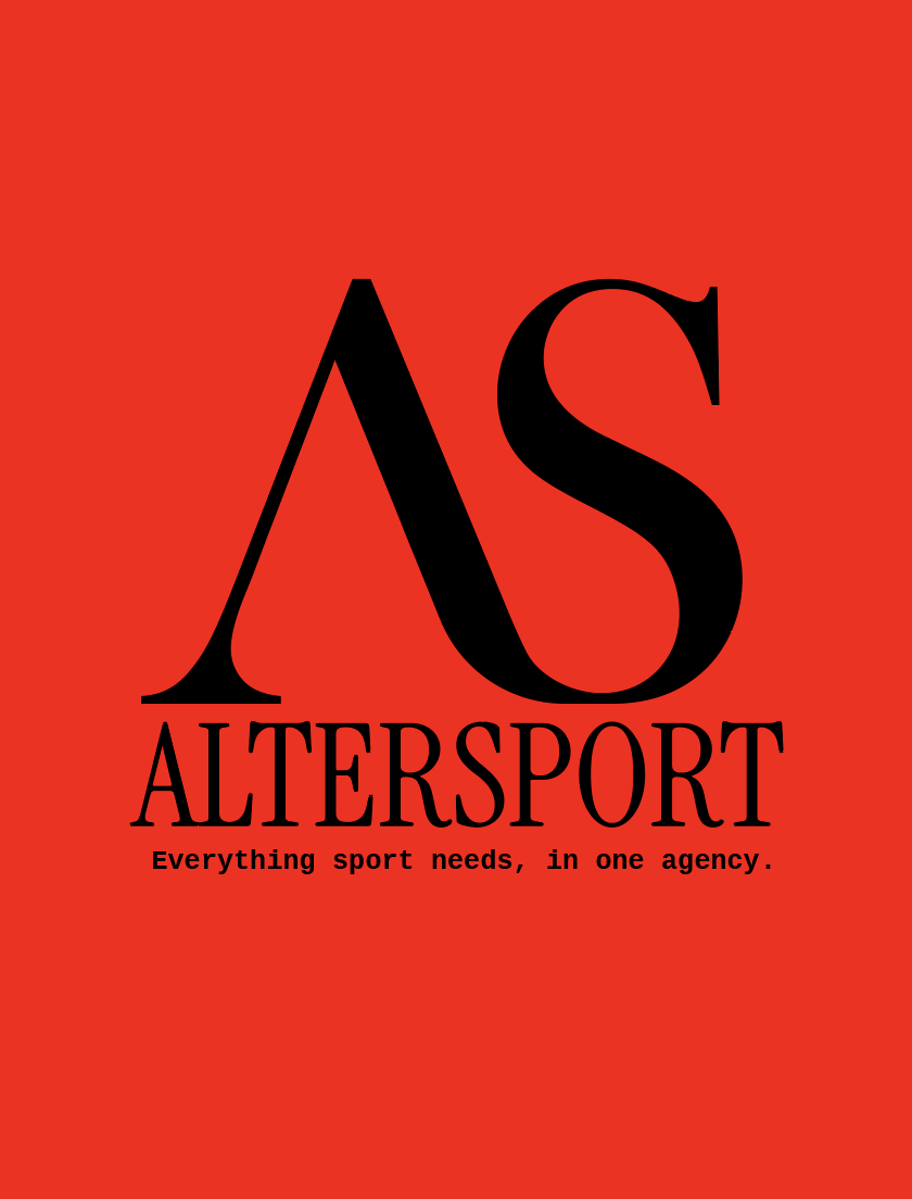 Red background with black text displaying 'AS ALTERSPORT' and tagline 'Everything sport needs, in one agency.'