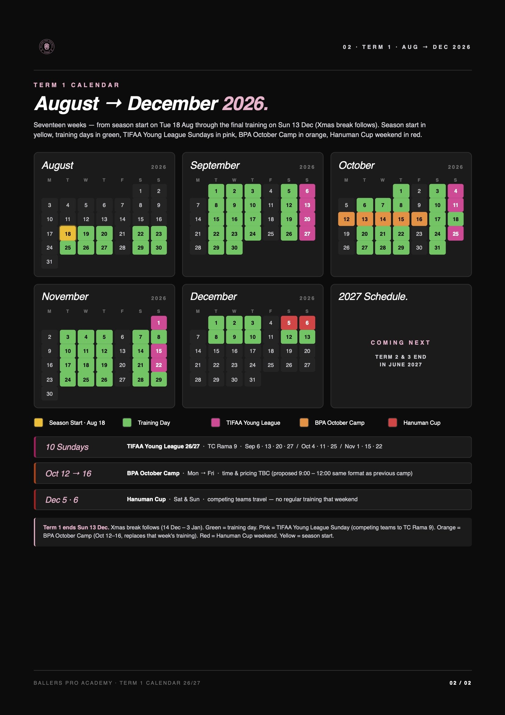 The image is a calendar showing the schedule for the Ballers Pro Academy's Term 1, from August to December 2026. It features color-coded days: yellow for season start, green for training days, pink for TIFAA Young League Sundays, orange for BPA Octob