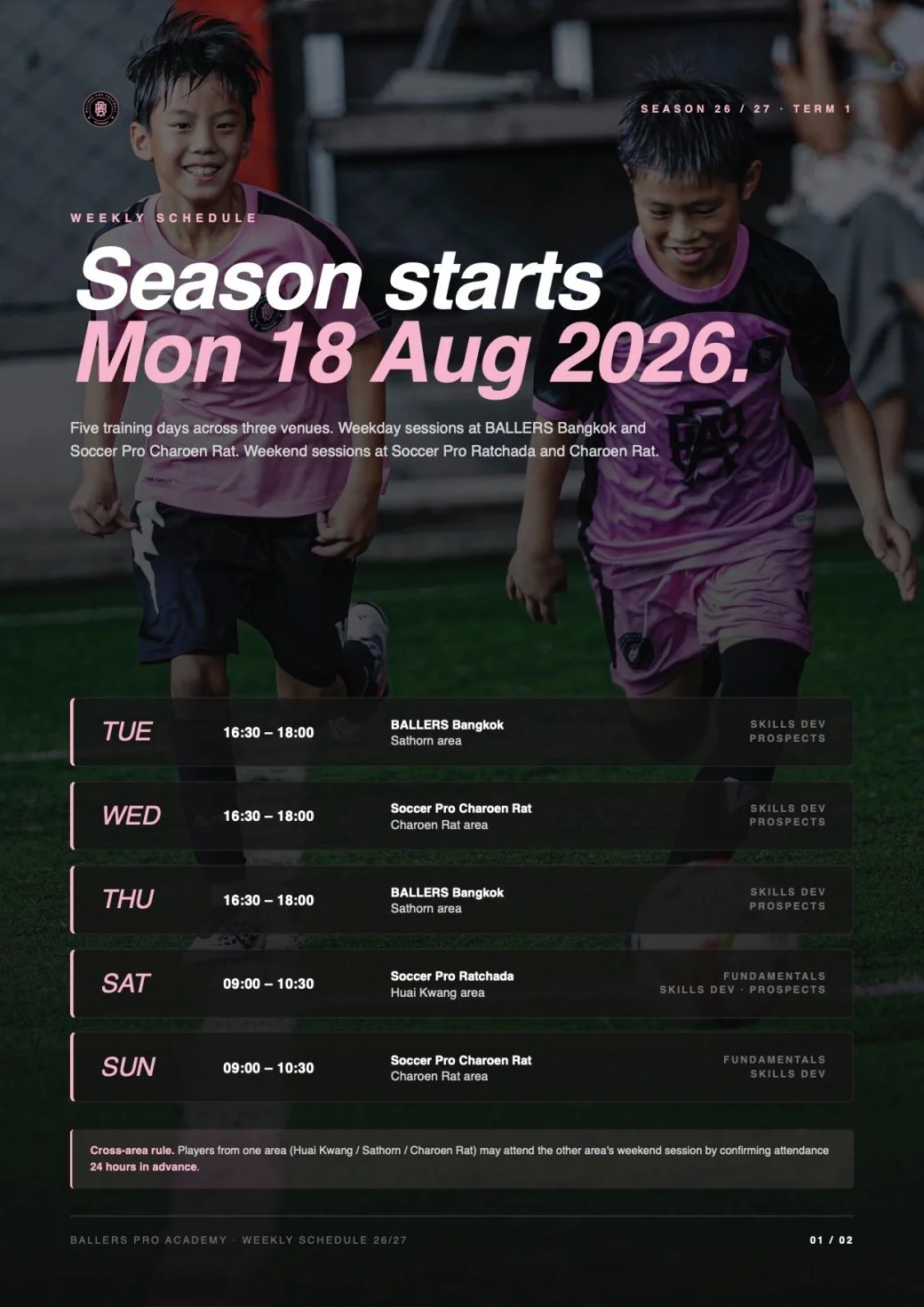 Schedule poster for soccer training starting August 18, 2026, with sessions at different venues on Tuesday, Wednesday, Thursday, Saturday, and Sunday, featuring young boys running on a soccer field.