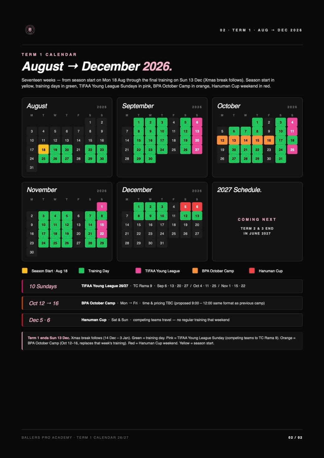 School calendar for Term 1, August to December 2026, showing season start, school holidays, training days, and various events marked with different colors for easy identification.