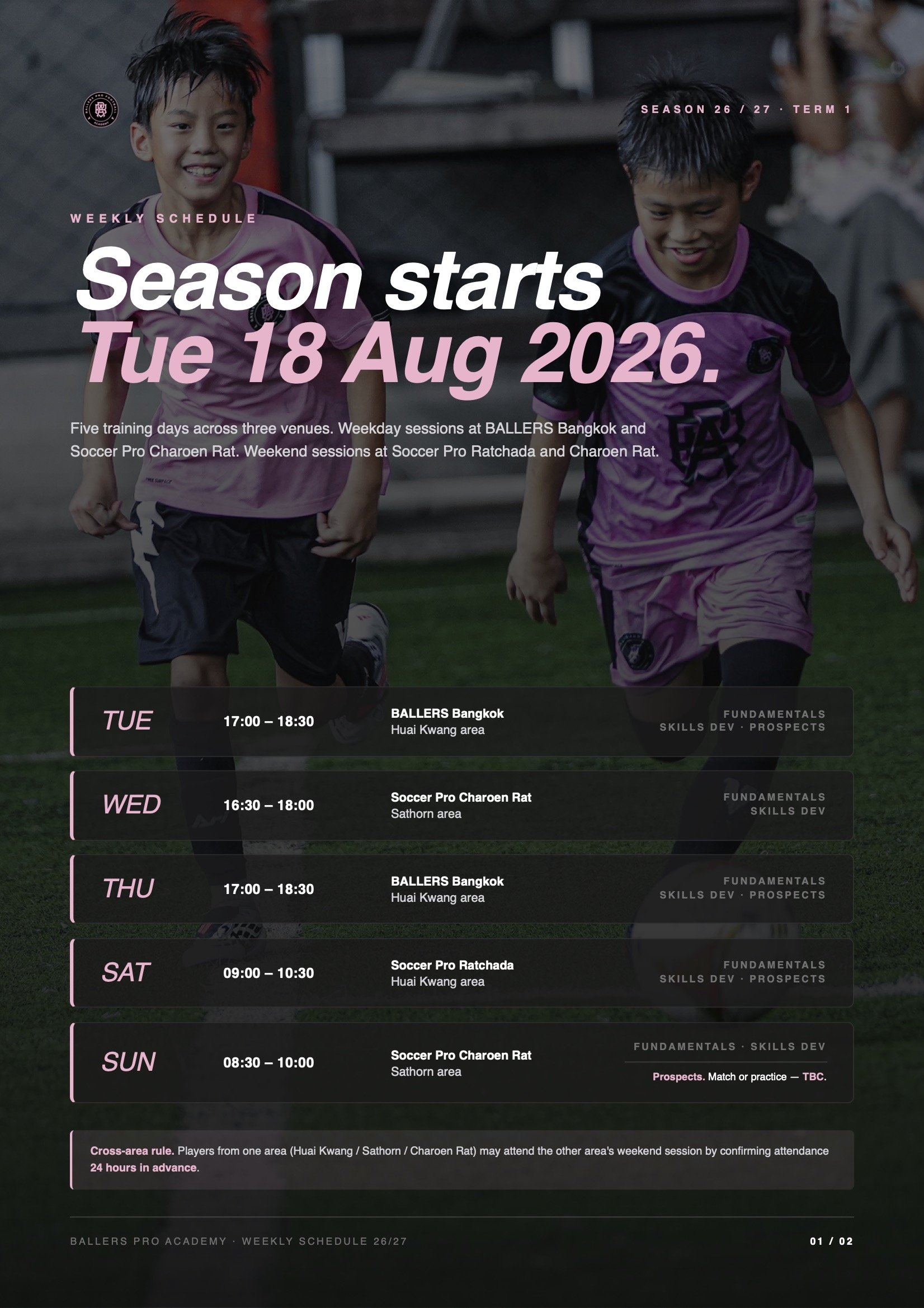 Weekly schedule poster for Ballers Pro Academy, showing training sessions from August 18 to August 24, 2026, including times, venues, and training focus.