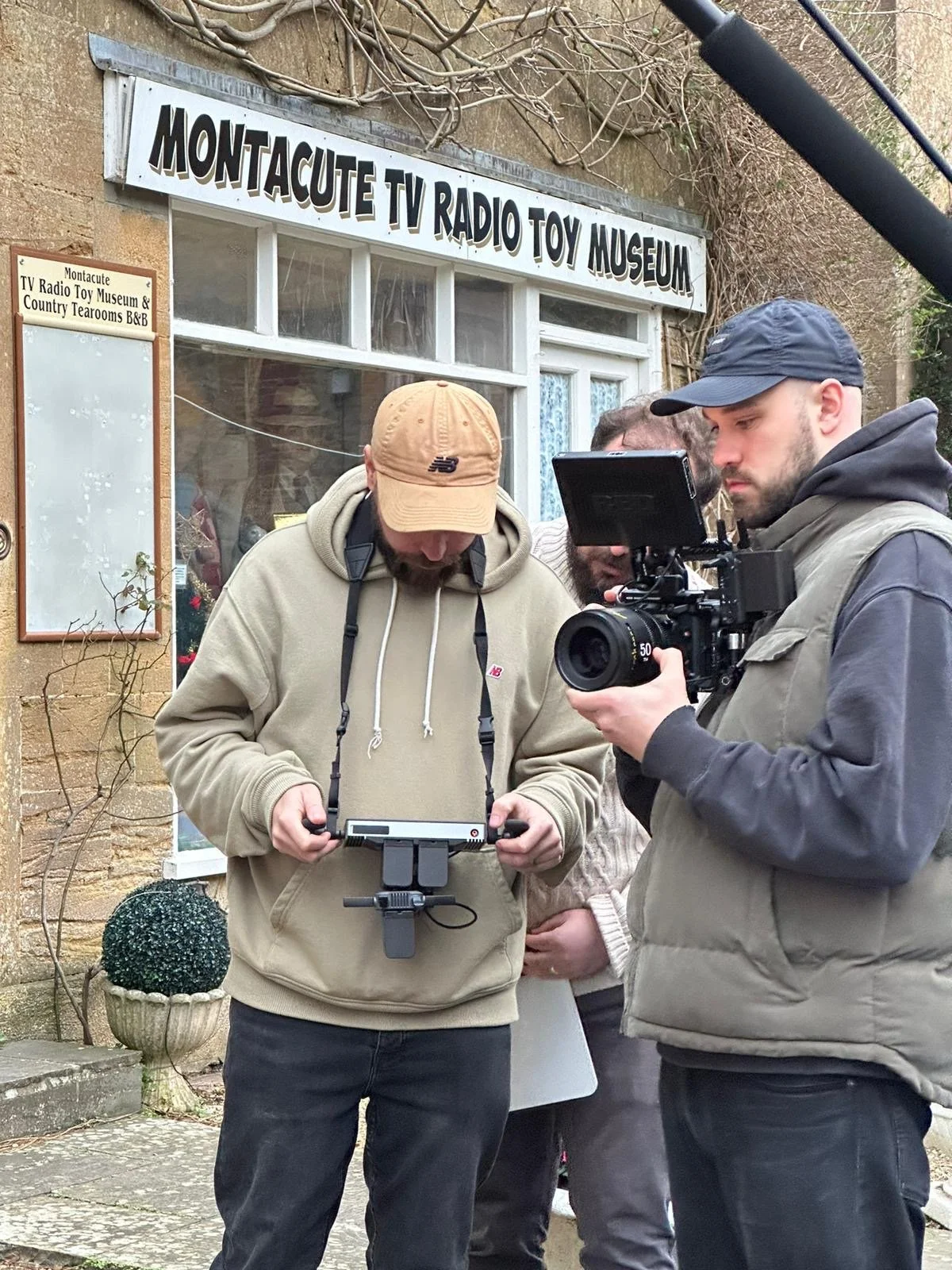 Dan Atkins with Dom Doring on set of Christmas short film The Letter