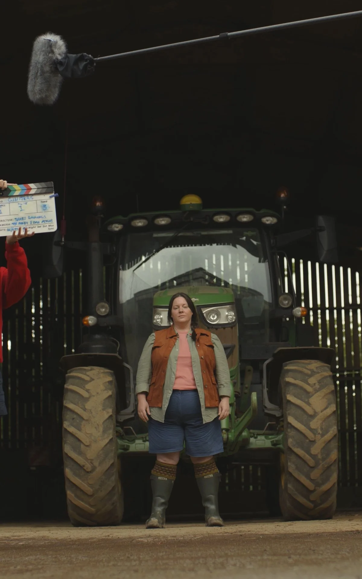 On set on a farm with Ginsters