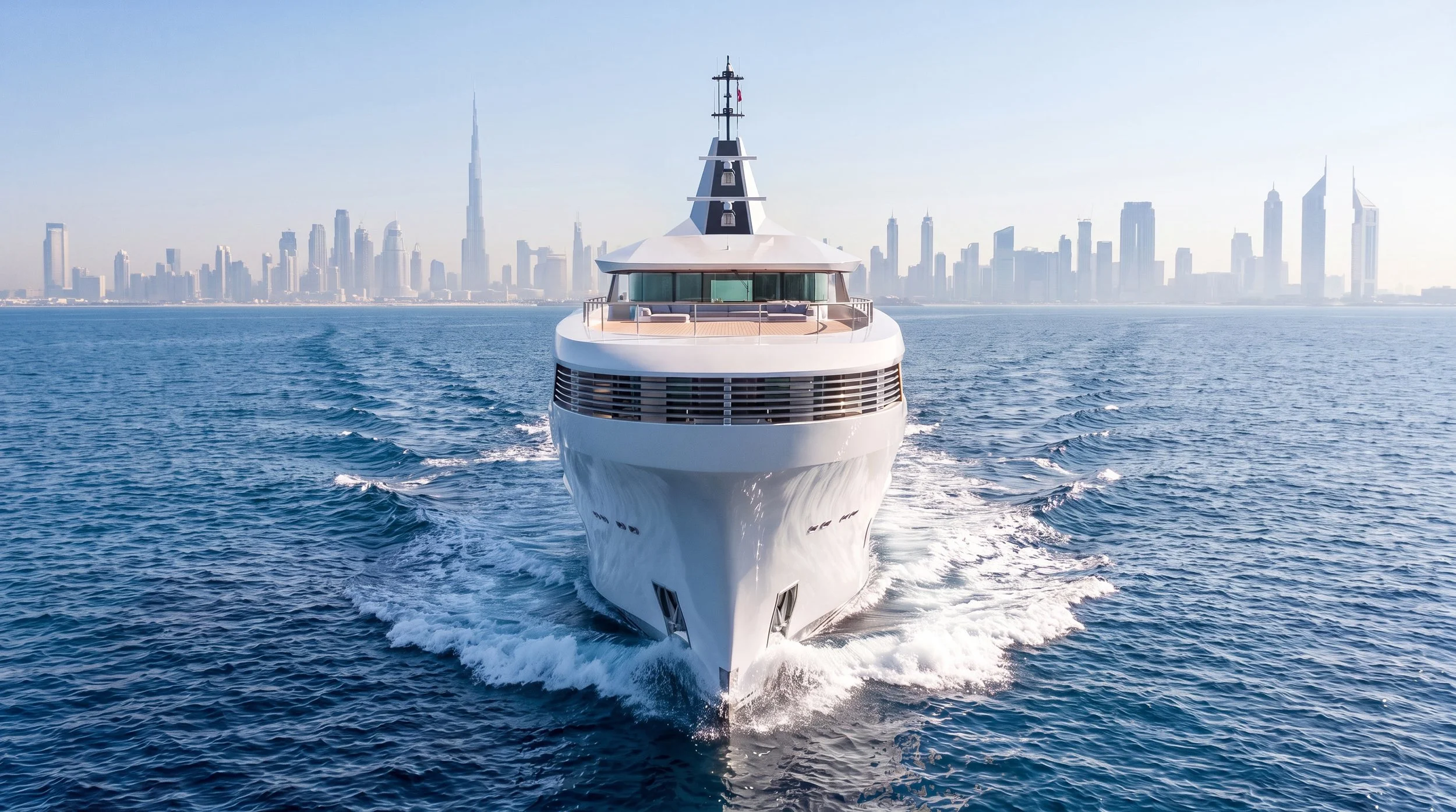 A luxurious white yacht sailing on the water with a view of a city skyline in the background, including tall skyscrapers and distinctive buildings.