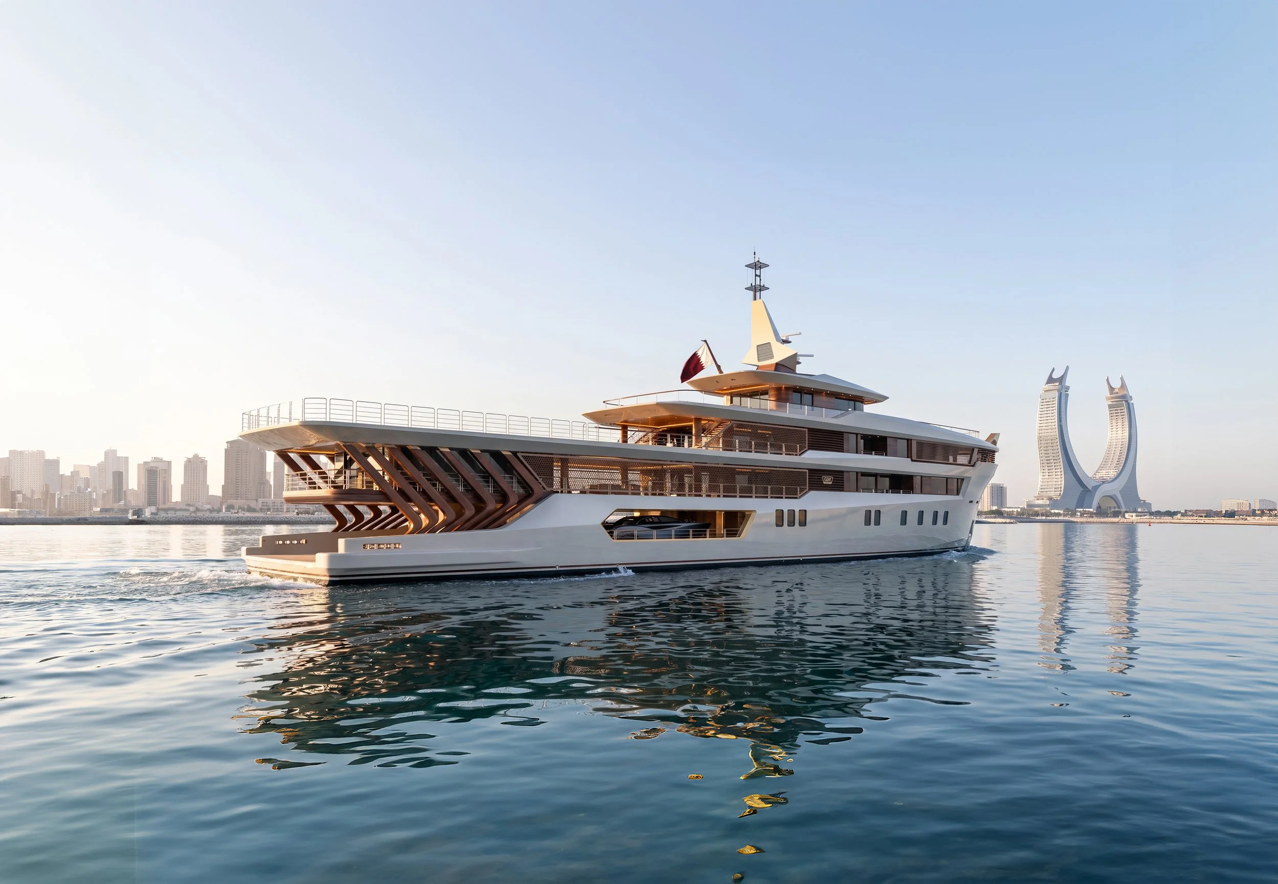 A large luxury yacht floating on calm water with a modern city skyline in the background, including two distinctive skyscrapers with curved tops.