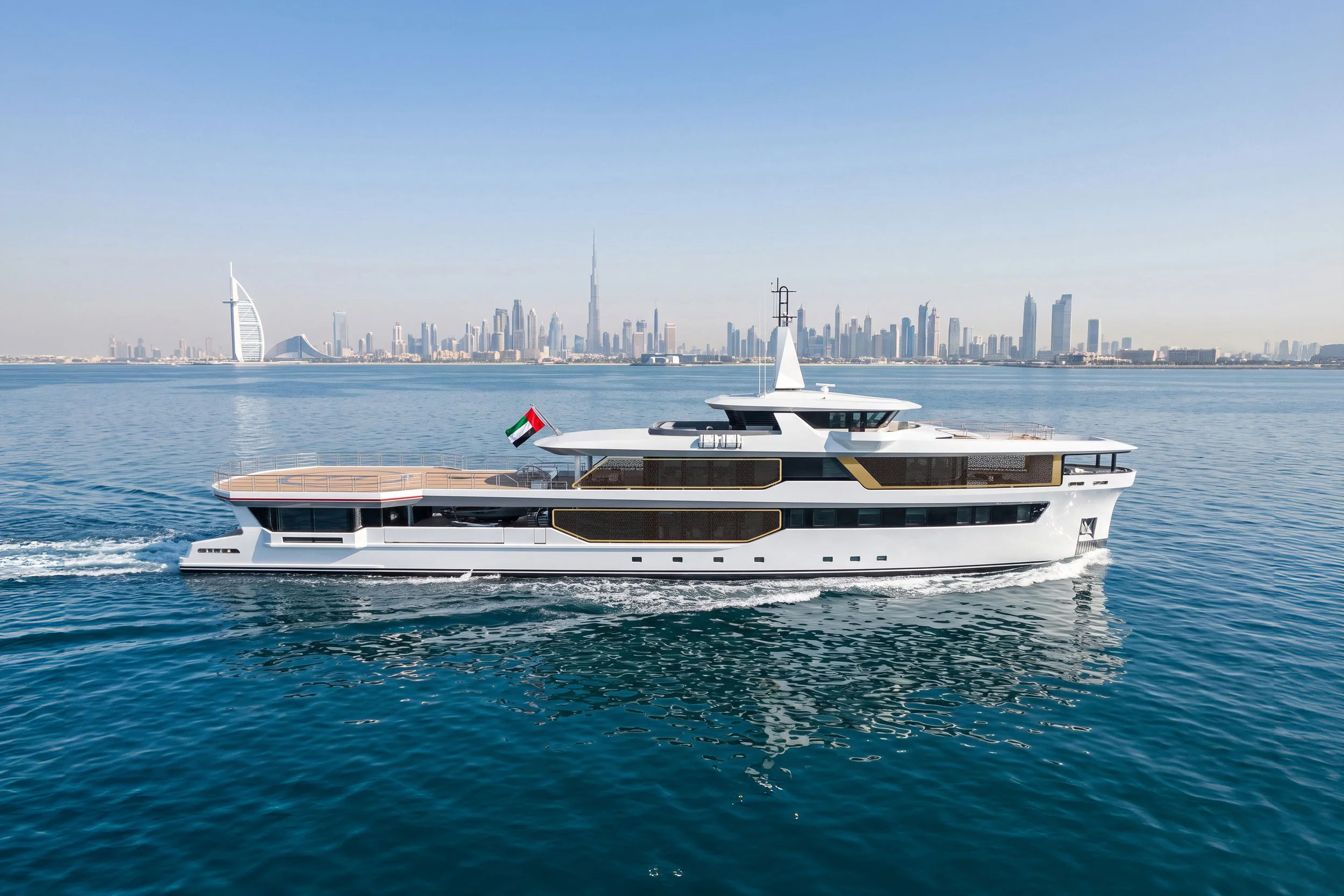 A luxurious white yacht sailing on calm waters with the Dubai skyline, including the Burj Khalifa, visible in the background.