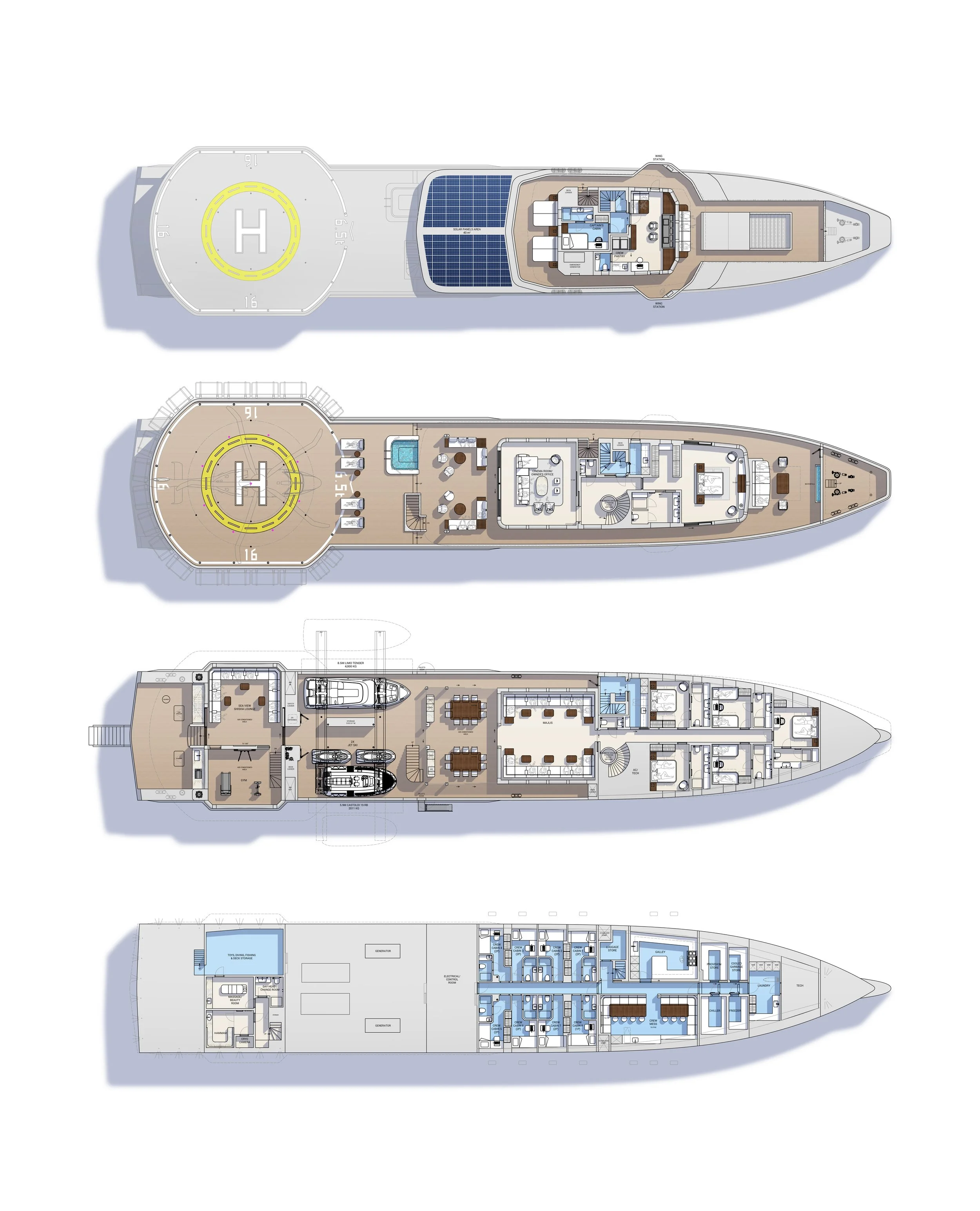 Blueprint of a yacht interior with multiple decks showing rooms, lounge areas, and a helipad.