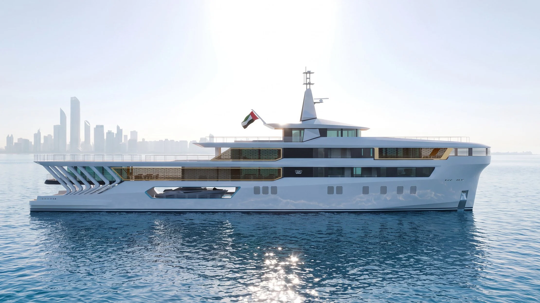 A modern luxury yacht floating on calm water with a city skyline in the background.