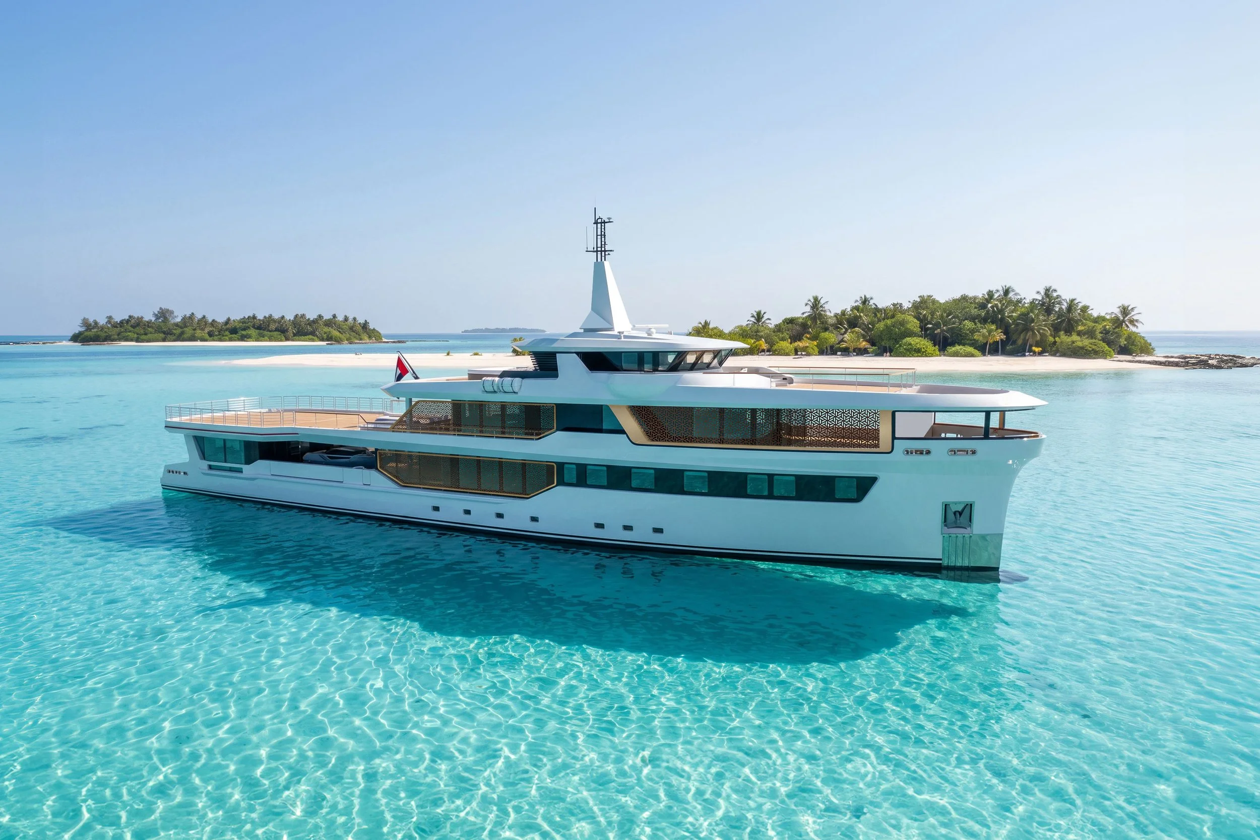 A luxury yacht floating on clear turquoise water near a tropical island with palm trees and white sandy beaches.