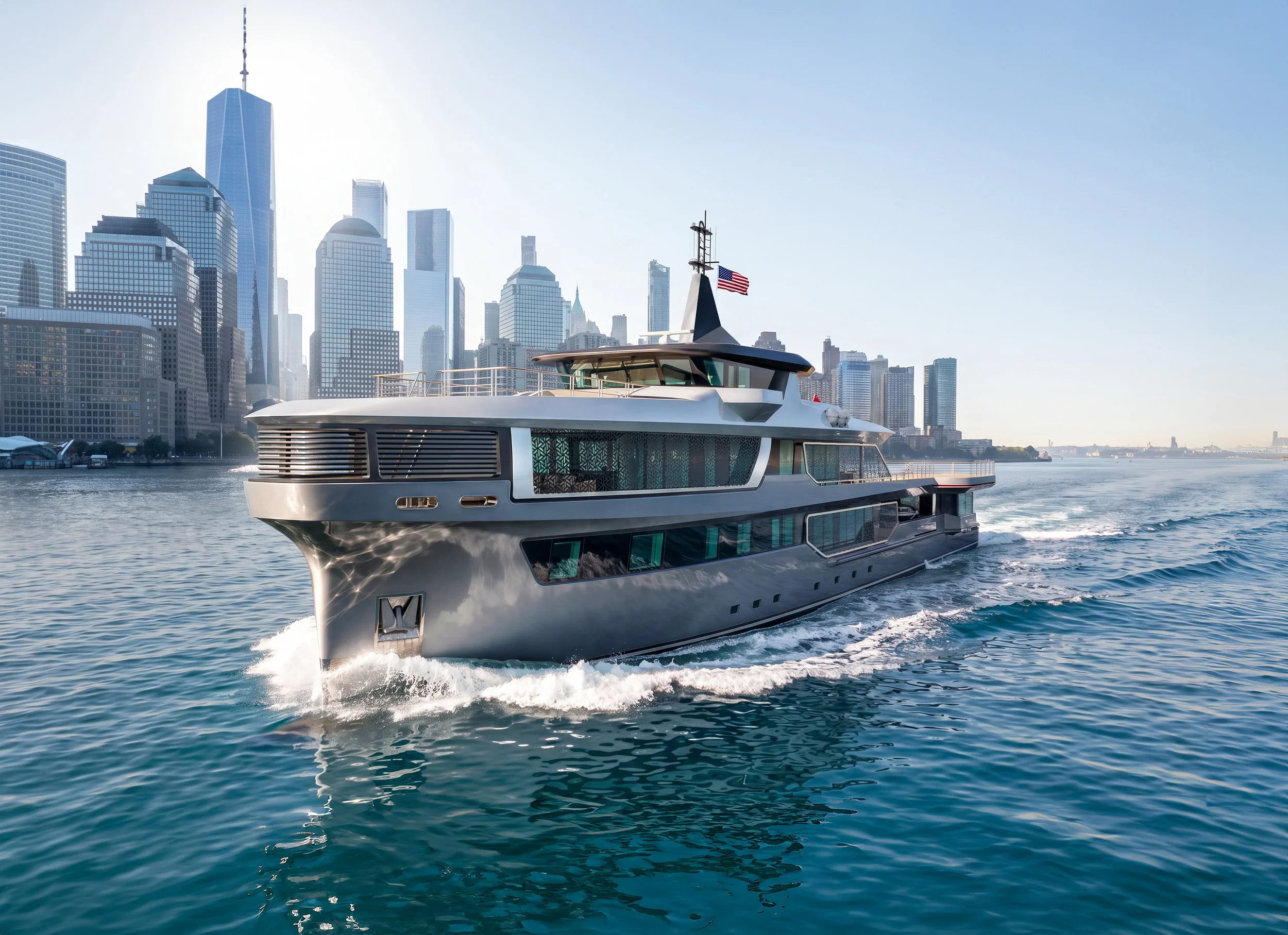 A modern yacht sailing on a clear blue body of water with a city skyline featuring tall high-rise buildings in the background, and an American flag flying on the yacht.