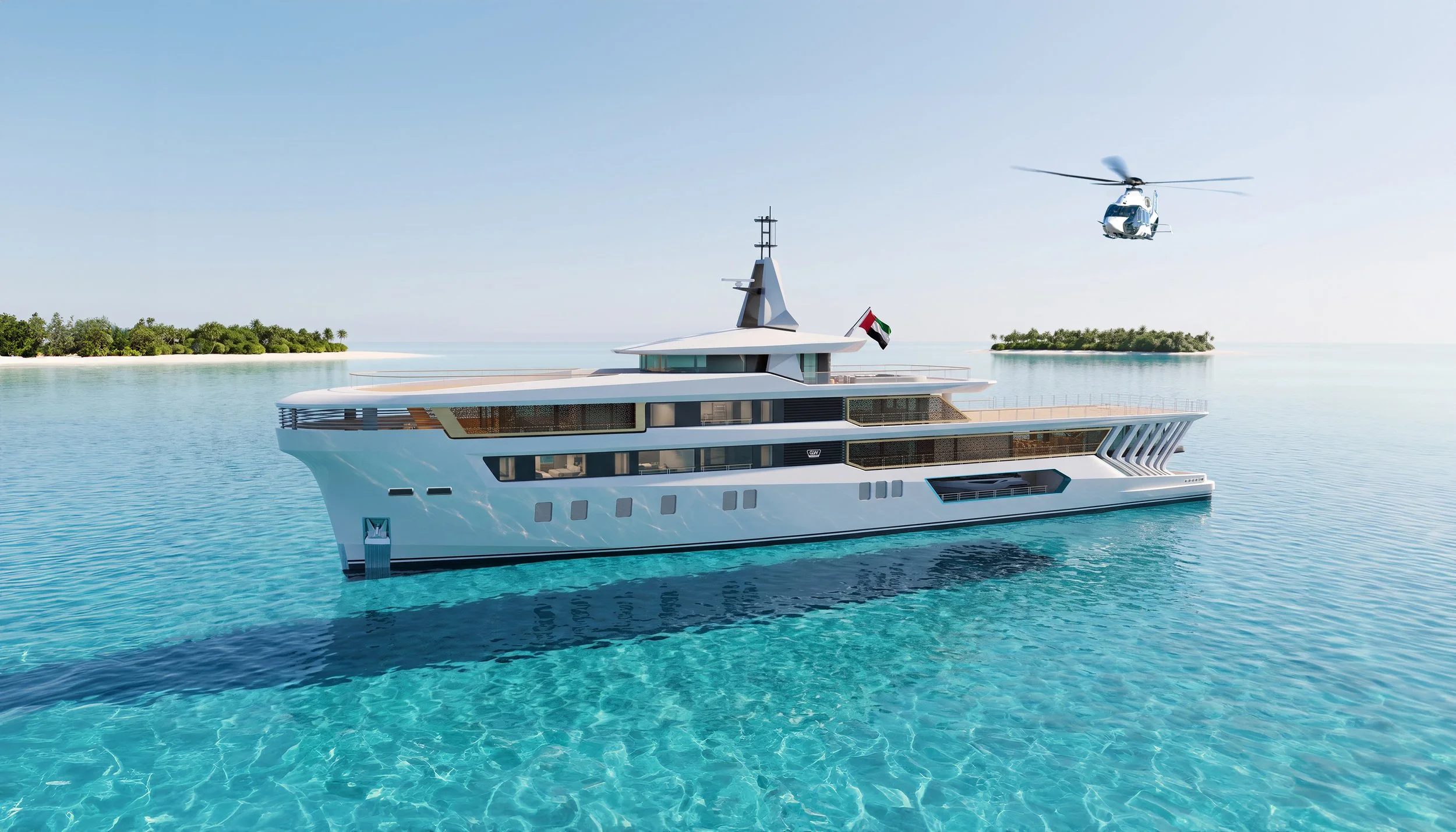 A luxury yacht sailing in clear blue water with a helipad on top, flying a UAE flag, and a helicopter hovering nearby. Small islands with green vegetation are visible in the background under a clear, bright sky.