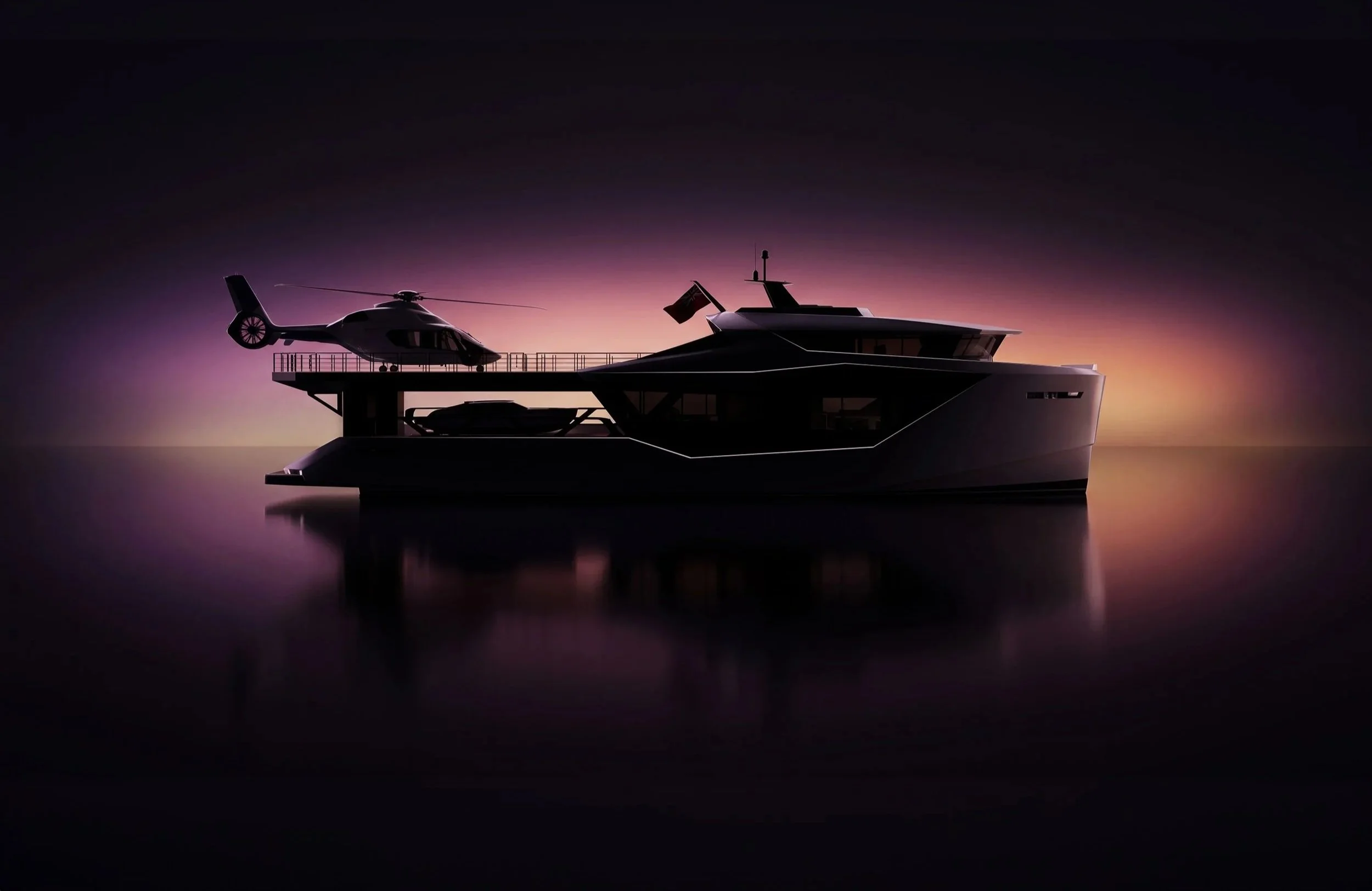 Silhouette of a yacht with a helicopter on its deck during sunset, with calm water reflecting the scene.