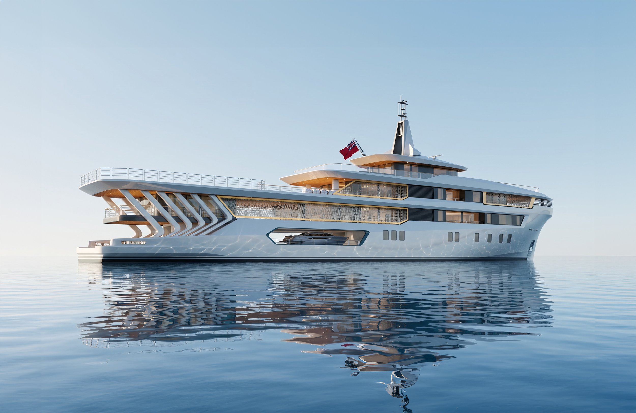A modern luxury yacht floating on calm ocean water with a clear blue sky in the background.