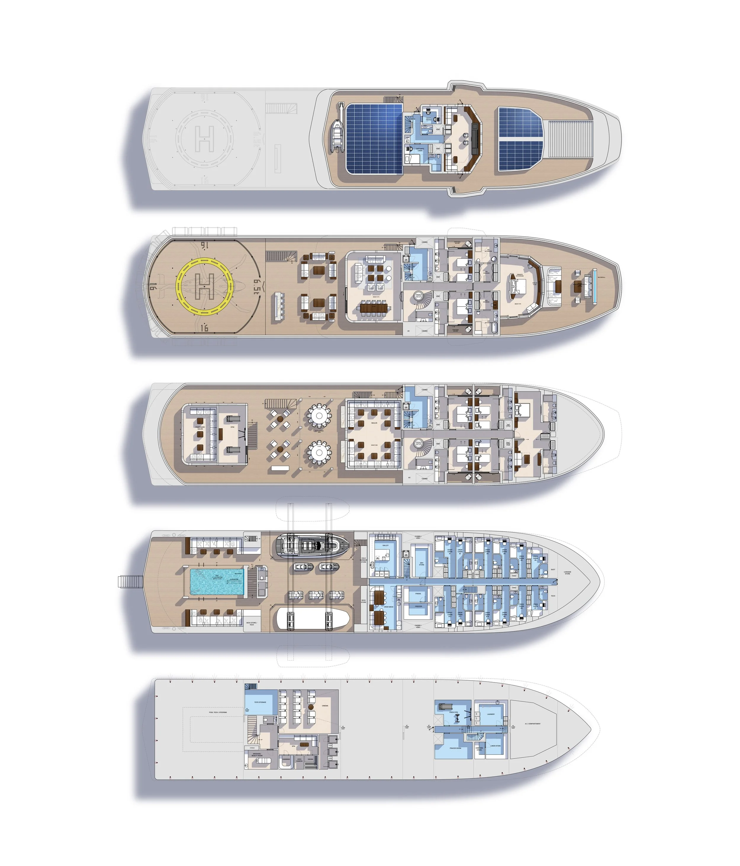 Floor plans of a luxury yacht showing multiple decks with amenities including a helipad, swimming pool, sunbathing areas, lounge, dining areas, bedrooms, bathrooms, and utility rooms.