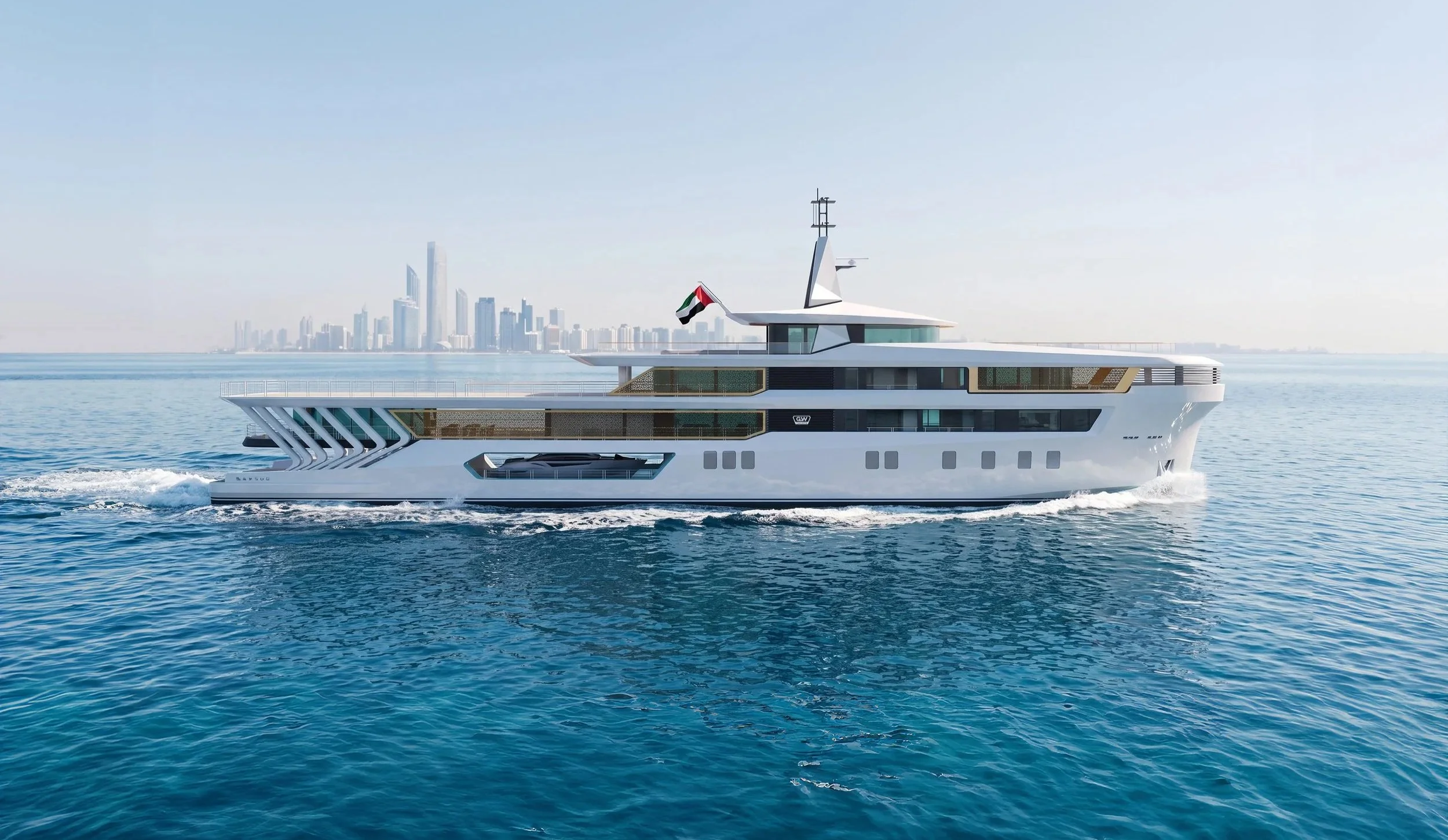 A modern white yacht sailing on the ocean with a city skyline in the background.