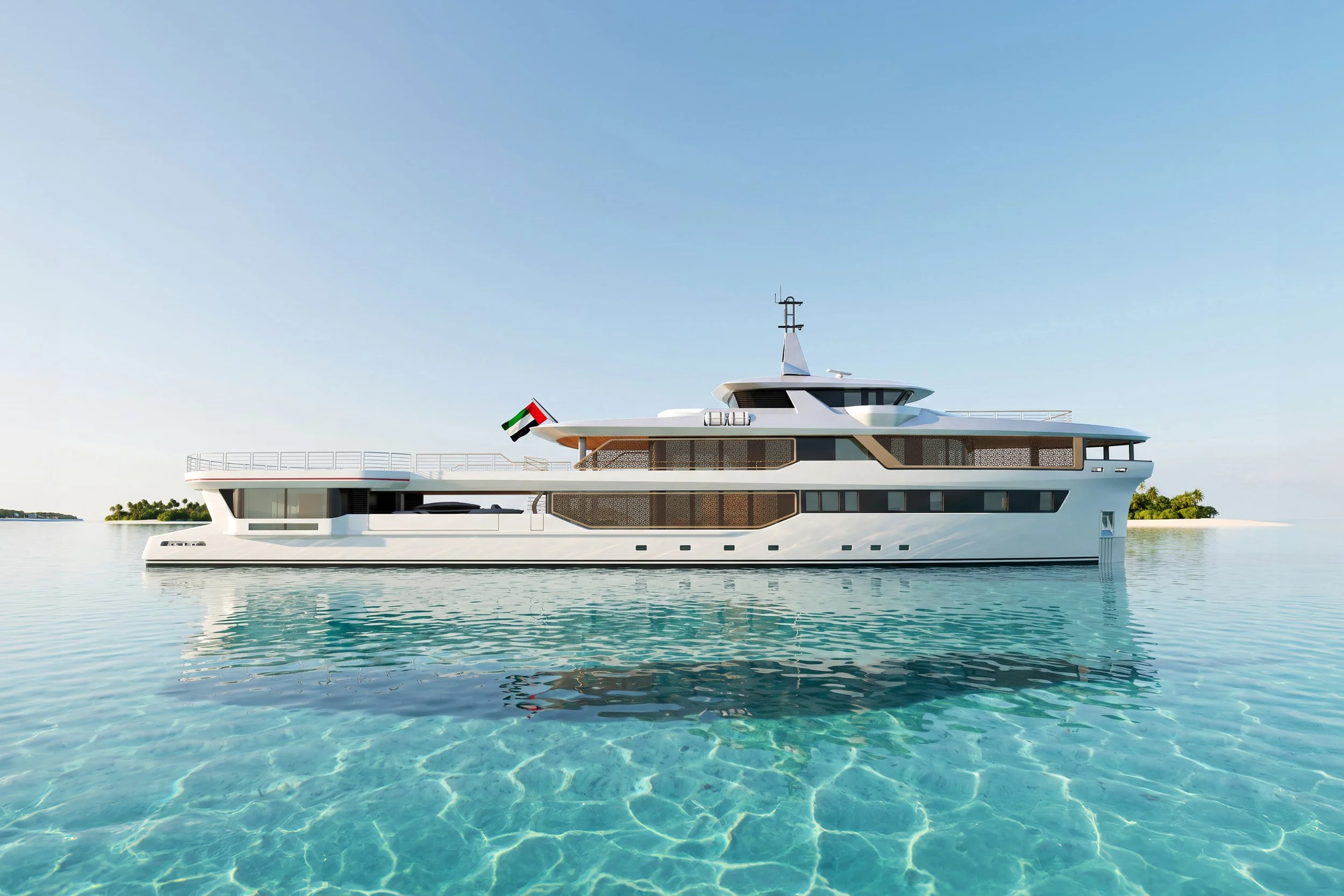 Luxury yacht floating on calm water under a clear sky with land and greenery in the background, American flag at stern.