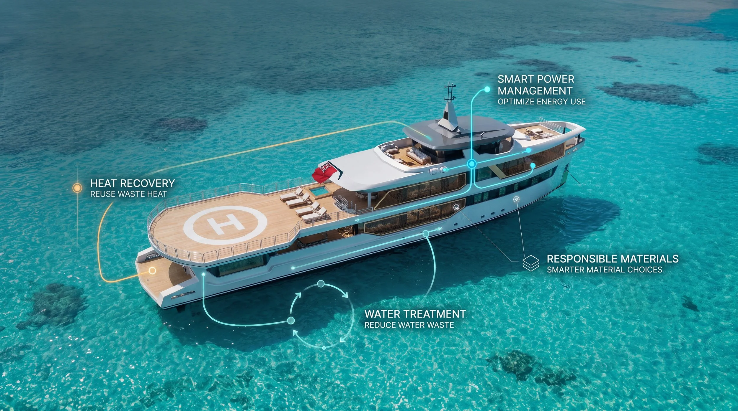 A modern yacht floating in clear blue water with visual annotations highlighting sustainable features such as smart power management, heat recovery, responsible materials, and water treatment.