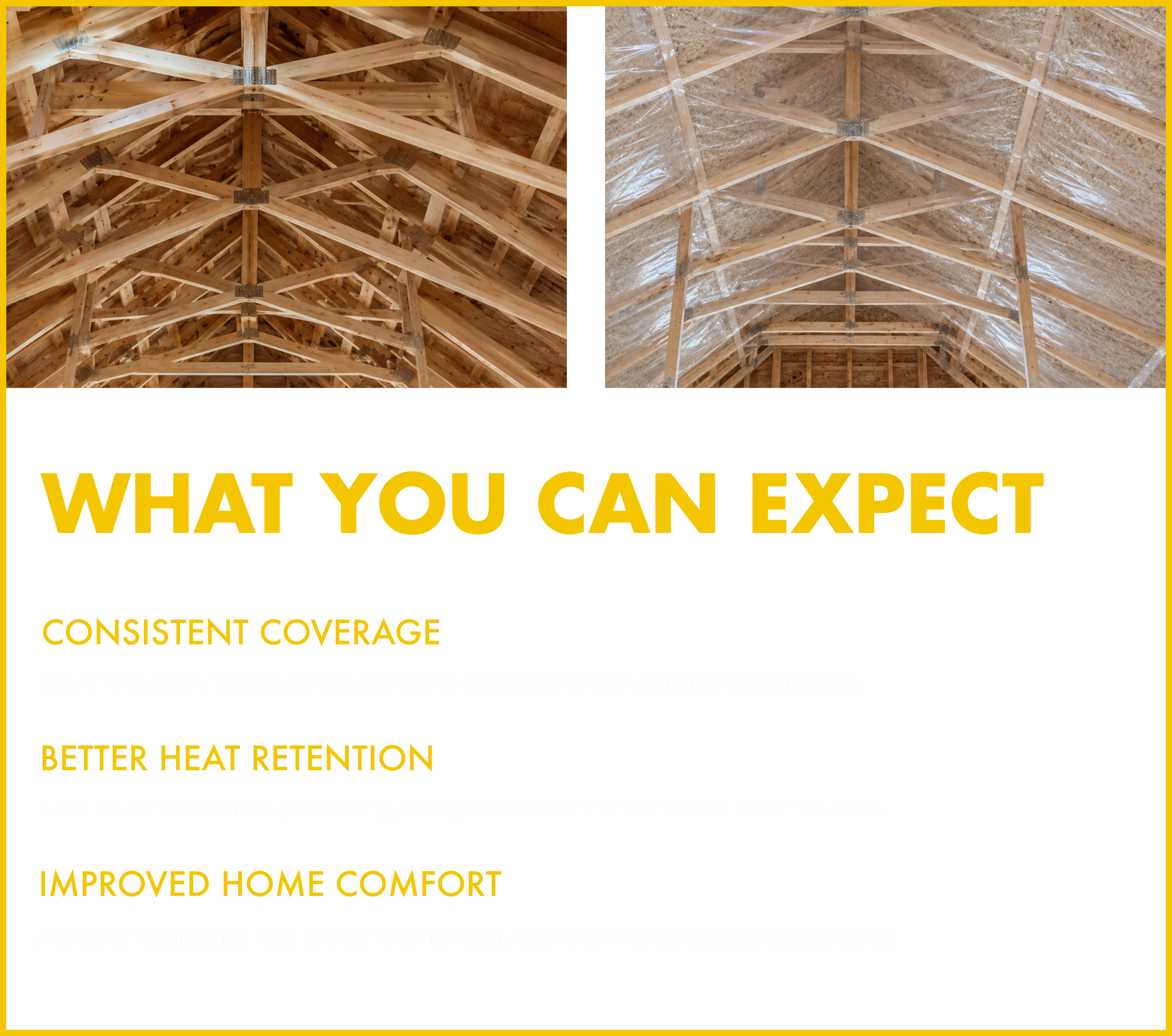 An information box outlining WHAT YOU CAN EXPECT from Brunswick's blown in insulation services. 1. Consistent coverage 2. better heat retention 3. improved home comfort.