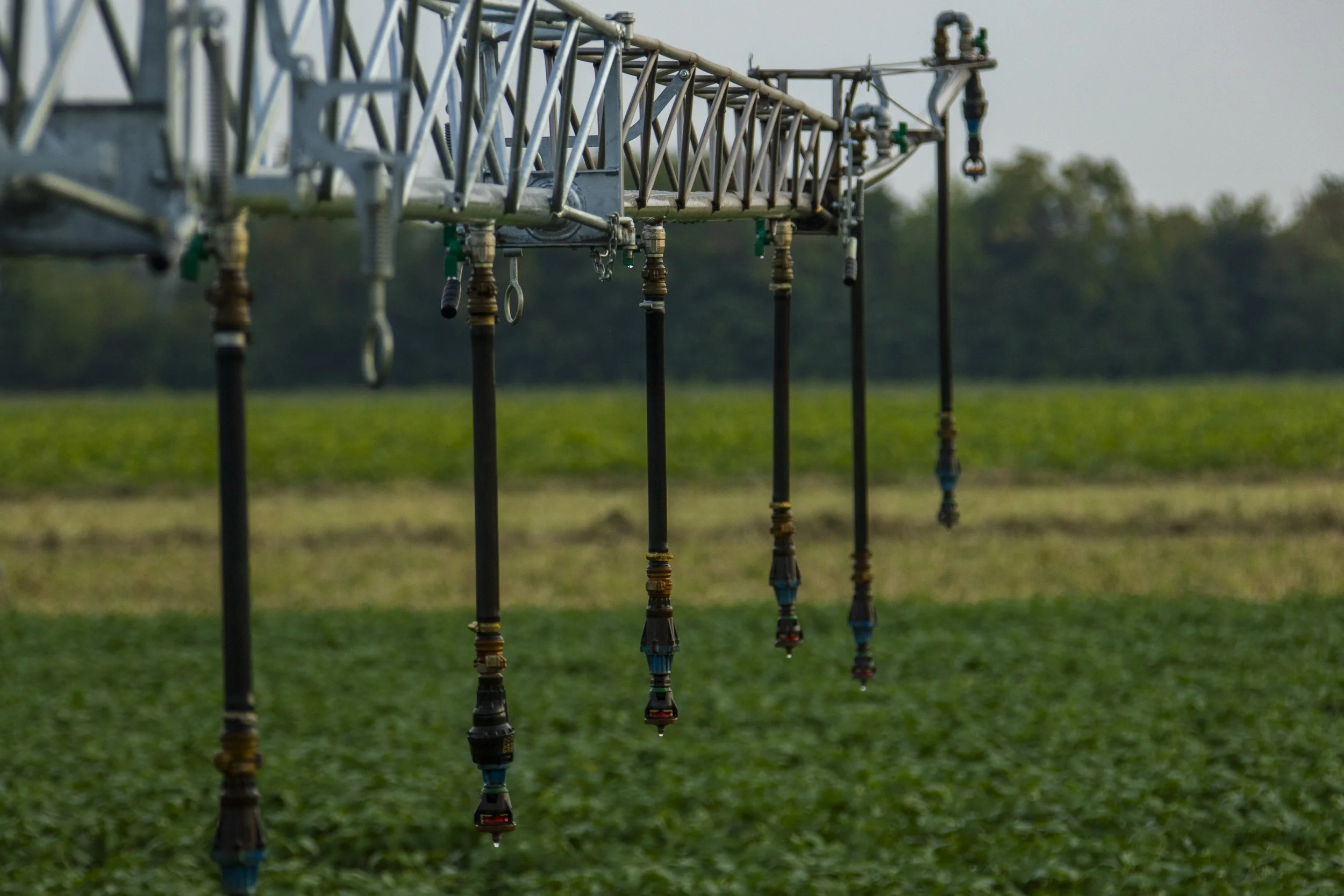 Agricultural irrigation boom with multiple sprinklers over a green field in a rural area.