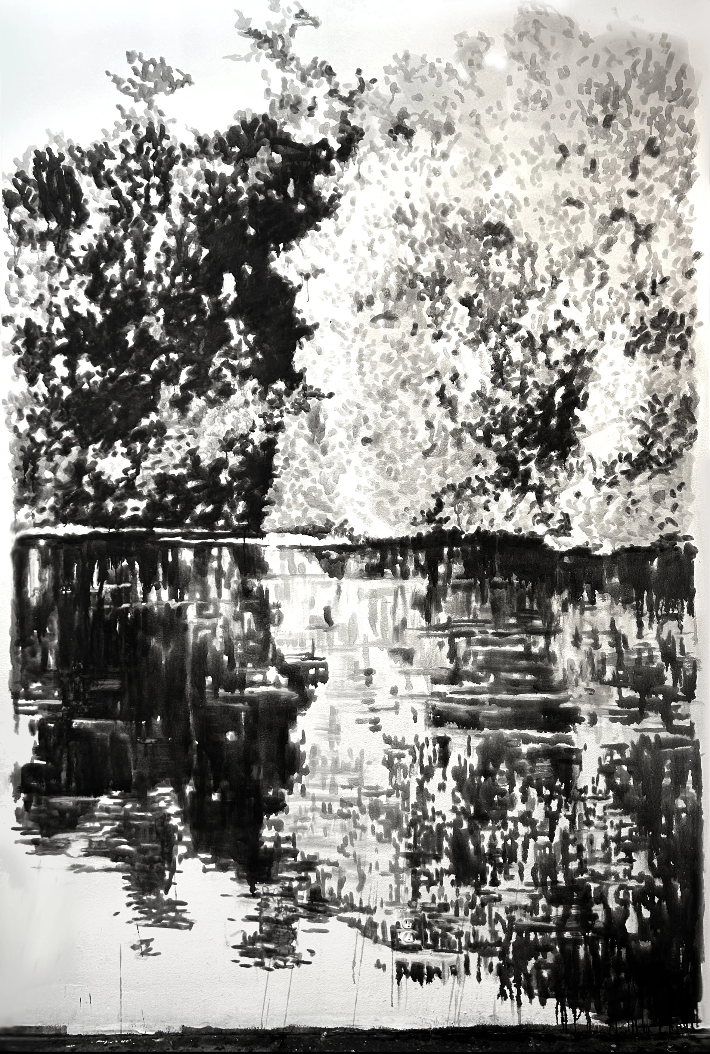 Mid Summer, 2026, mural, black India ink painted directly onto a white sheetrock 				wall, 114” x 75”