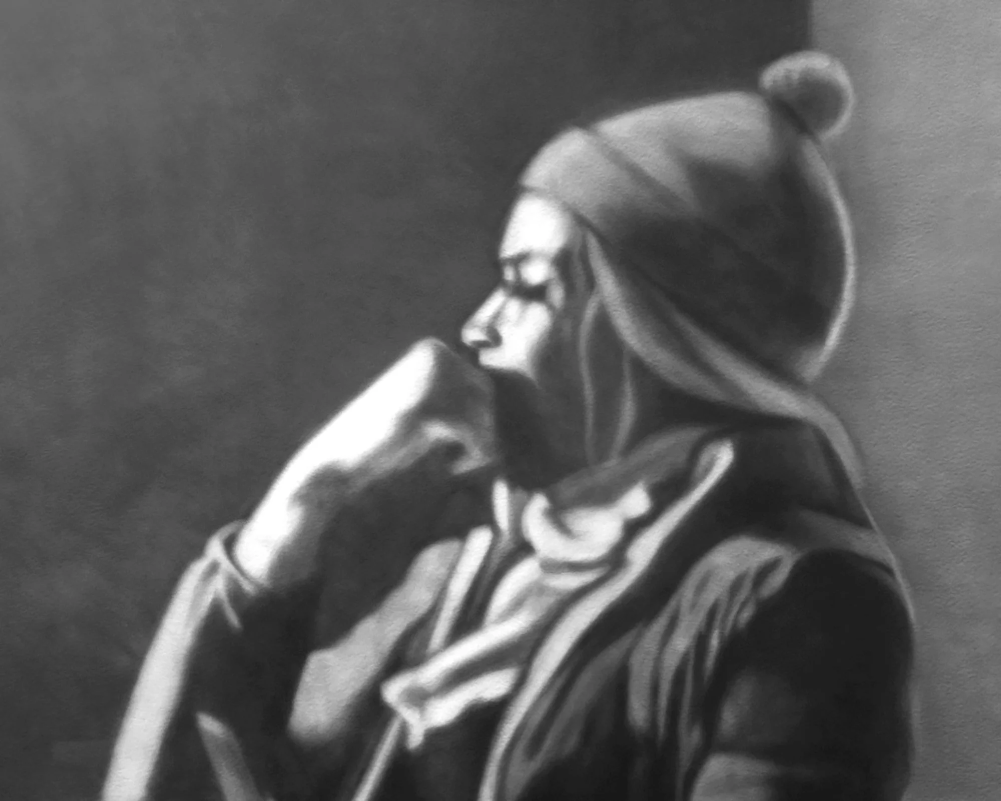 Still (detail), 2020, black India ink painted onto sanded plexiglass, first panel of 5 in Stillpoint, 48” x 84”
