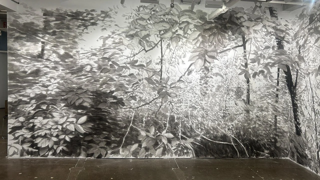  Plain Sense, left side, 2026, mural, black India ink painted directly onto two perpendicular white sheetrock walls, 114” x 211”